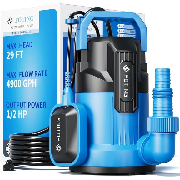 FOTING Automatic Submersible Sump Pump 4900 GPH 1/2 HP with Float Switch Removes Water Down to 0.04 Inch Sealed Utility Pump 1 Pack