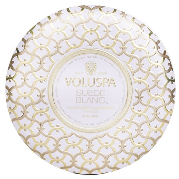Voluspa 3 Wick Decorative Tin Candle - Suede Blanc