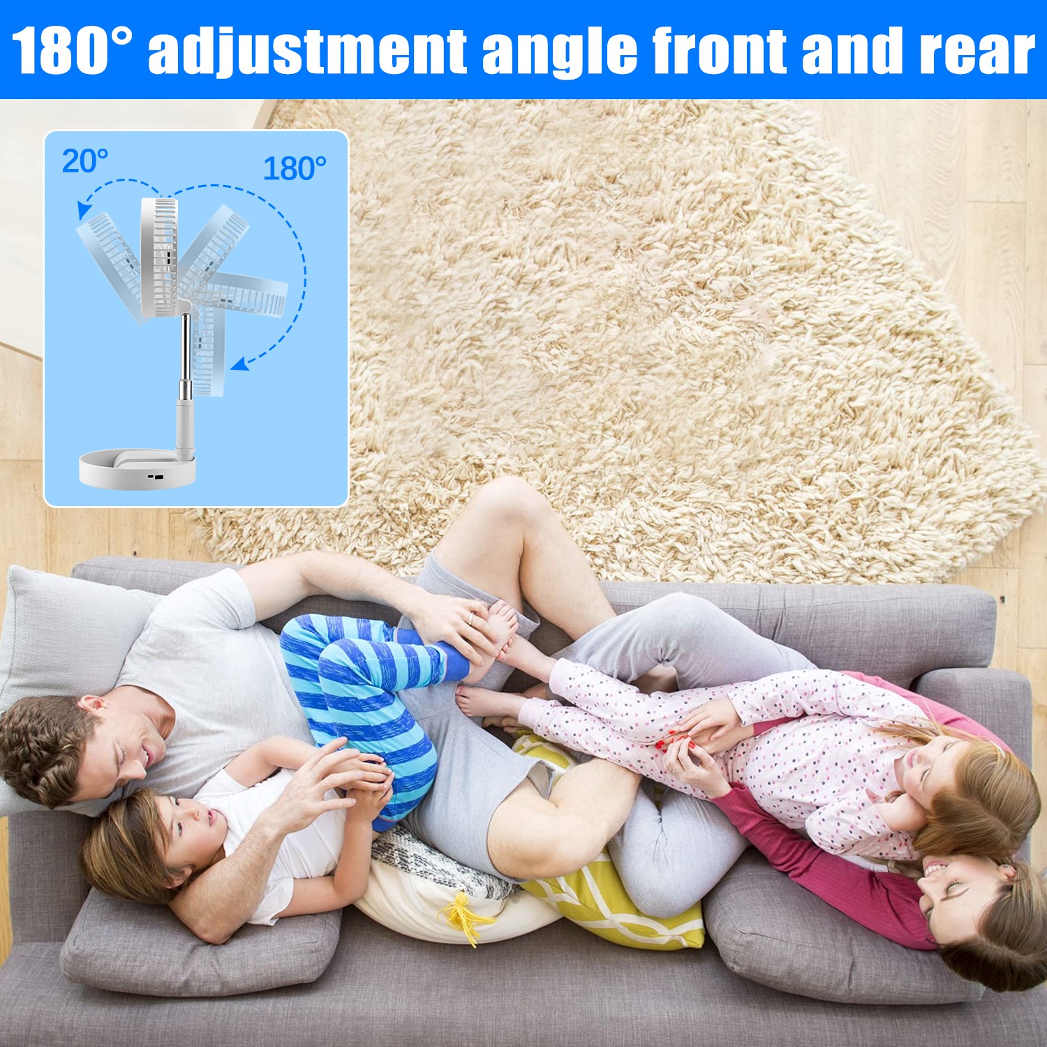 Cikuci Portable Floor Table Desk Fan with Adjustable Height, USB Rechargeable  4 Speed Pedestal Fan for Bedroom Office Camping Travel