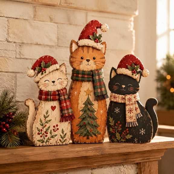 Vintage Wooden Christmas Cat with Santa Hat Desktop Decoration - 3 Cat Figures with Scarves & Holiday Prints, Wood Tabletop Mantel Shelf Decor