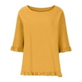 thumbnail image 5 of VSSSJ Womens Cotton and Linen Blouses Casual Crew Neck Ruffle Short Sleeves Tunic Tops Trendy Pure Color Patchowrk Summer Tee Shirts Yellow XL, 5 of 9