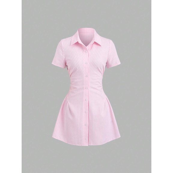 Striped Short Sleeve Shirt Dress with Waist Cinch, Slimming A-Line Blouse Dress for Summer