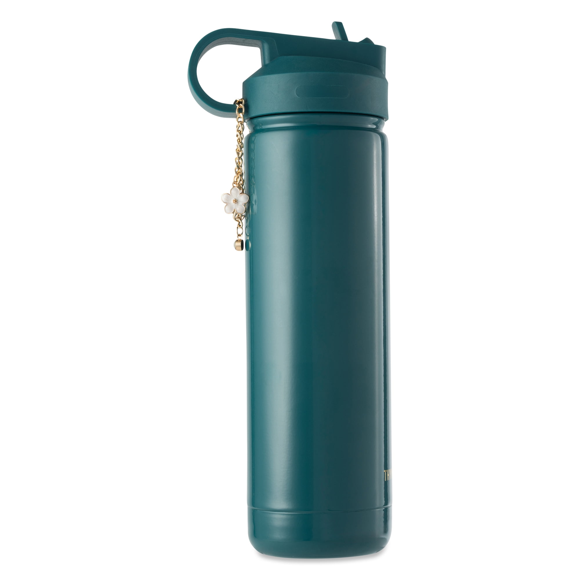 Thyme & Table 26 oz Water Bottle with Straw Lid, Teal with Flower Gold Charm