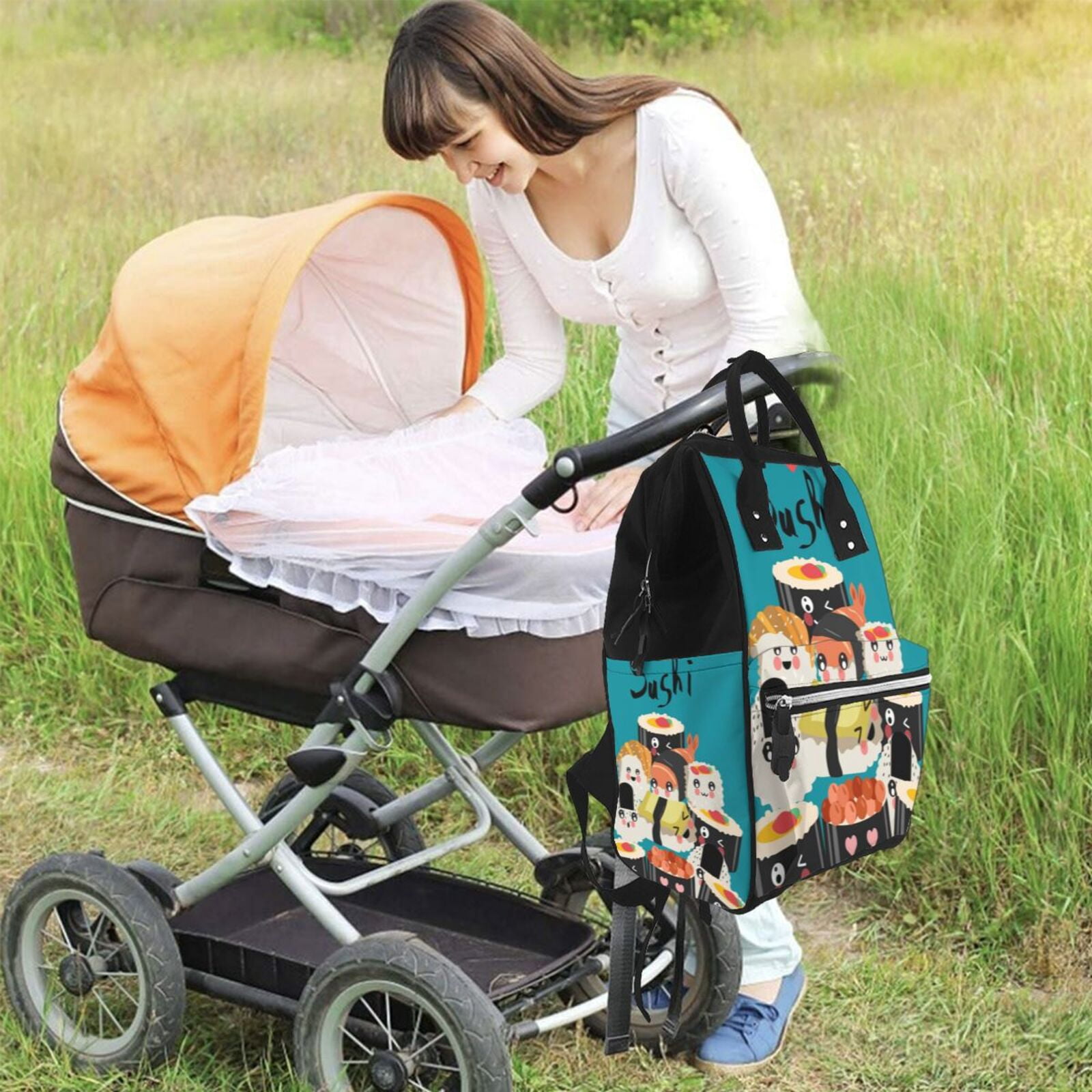 Ratiio I Love Sushi Mummy Backpack - Waterproof Twill Canvas, Large Capacity Diaper Bag with Multiple Pockets and Adjustable Straps