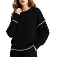 thumbnail image 2 of Tqcoqu Sweaters for Women Crewneck Long Sleeve Contrast Cable Knit Tops, Solid Loose Fit Casual Pullover Sweaters, Oversized Stitching Fall Clothes Outfits, 2 of 6