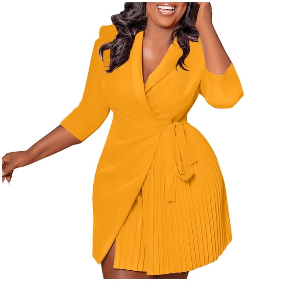 Women's Casual V Neck Sleeve Dress with Belt Slim Fit Waist Elegant Folding Suit Jacket Style Comfortable Flowy Summer Outfit