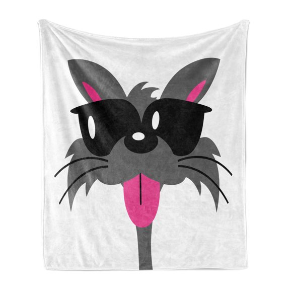 Sunglasses Soft Flannel Fleece Blanket, Portrait Design of a Single Cat with His Tongue Out Long Whiskers, Cozy Plush for Indoor and Outdoor Use, 50" x 70", Dark Grey White and Pink, by Ambesonne