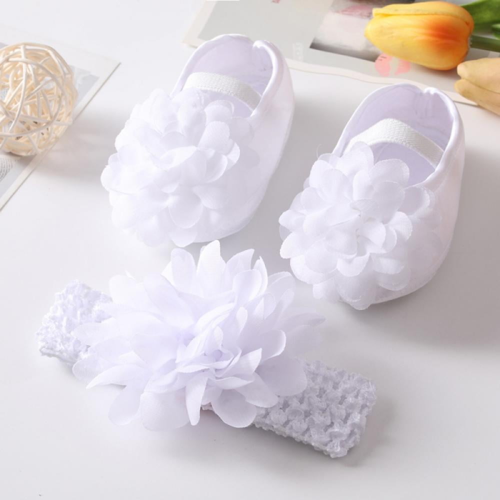 Baby Girls Mary Jane Flats with Bowknot Headband Infant Princess Dress Soft Sole Crib Shoes Non-Slip for Toddler First Walkers 