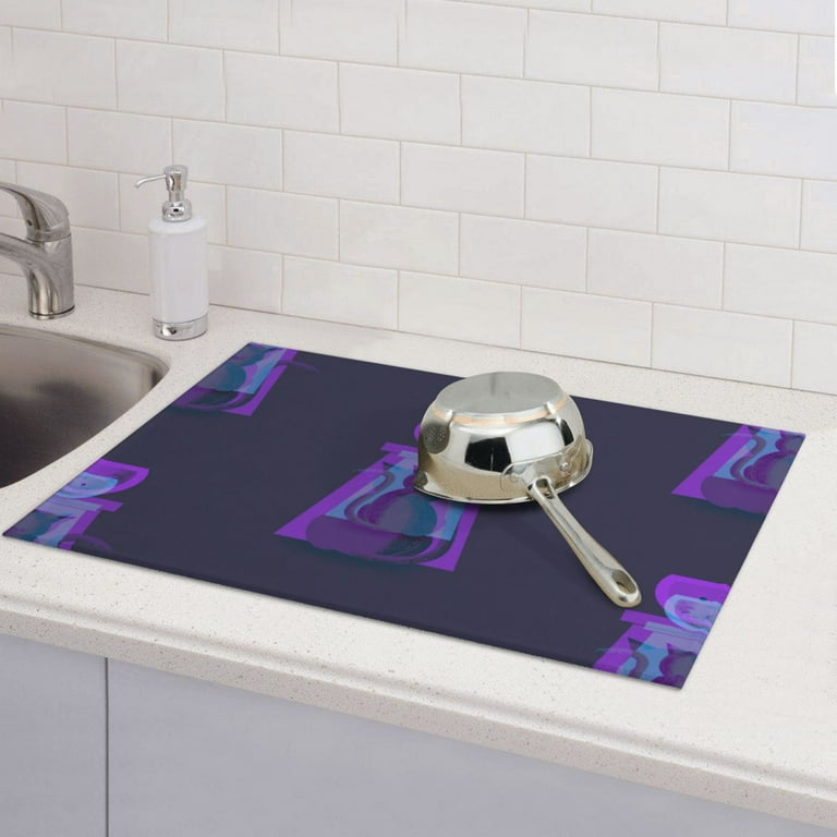 Microfiber Drying Mat, Cat Stealing Fish Art Illustration Purple Dish  Drying Mat for Kitchen Counter, 18 x 24 inches Purple 