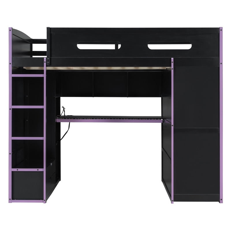 Full Size Wooden Loft Bed with Desk, Wardrobe and Storage Shelves, Gaming Loft Bed Frame with RGB LED Light, USB Charging Port and Built-In Workstation for Bedroom