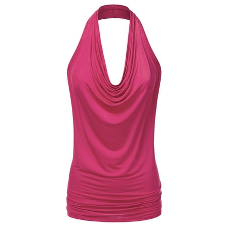 Halti Halter - Doublju Women's Lightweight Casual Halter Neck Draped Backless Top FUCHSIA S