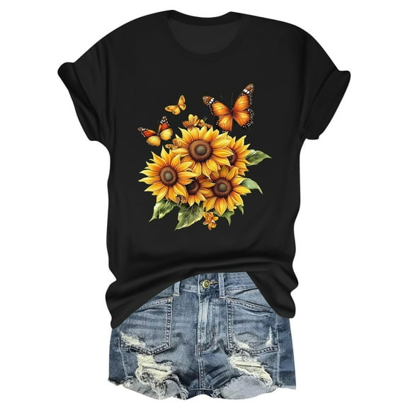 NAMTYQX Trendy Tops for Women 2025 Print Crewneck Breathable Loose Light Plus Size Print Hip Short Sleeve Women's Summer Tops Black Size 2XL