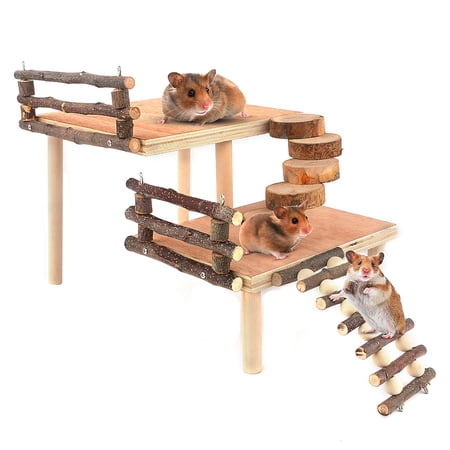 Two-Tier Wooden Small Animal Play Platform with Bridge and Ladder