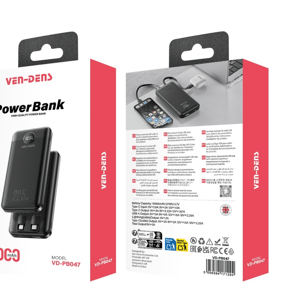 22.5W Fast Charging 10000mAh Power Bank with Built-in Cables and