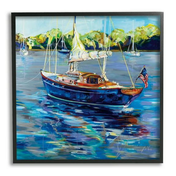 Stupell Industries Boat with American Flag Transportation Painting Black Framed Art Print Wall Art, 12 x 12