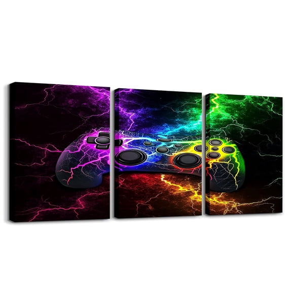 Erosebridal Teen Gaming Gamer Canvas Wall Art for Bedroom, Gamepad Print Wall Hanging Decor for Living Room, Rainbow Lightning Wall Decor for Bathroom, Luxury Living Room Decorative