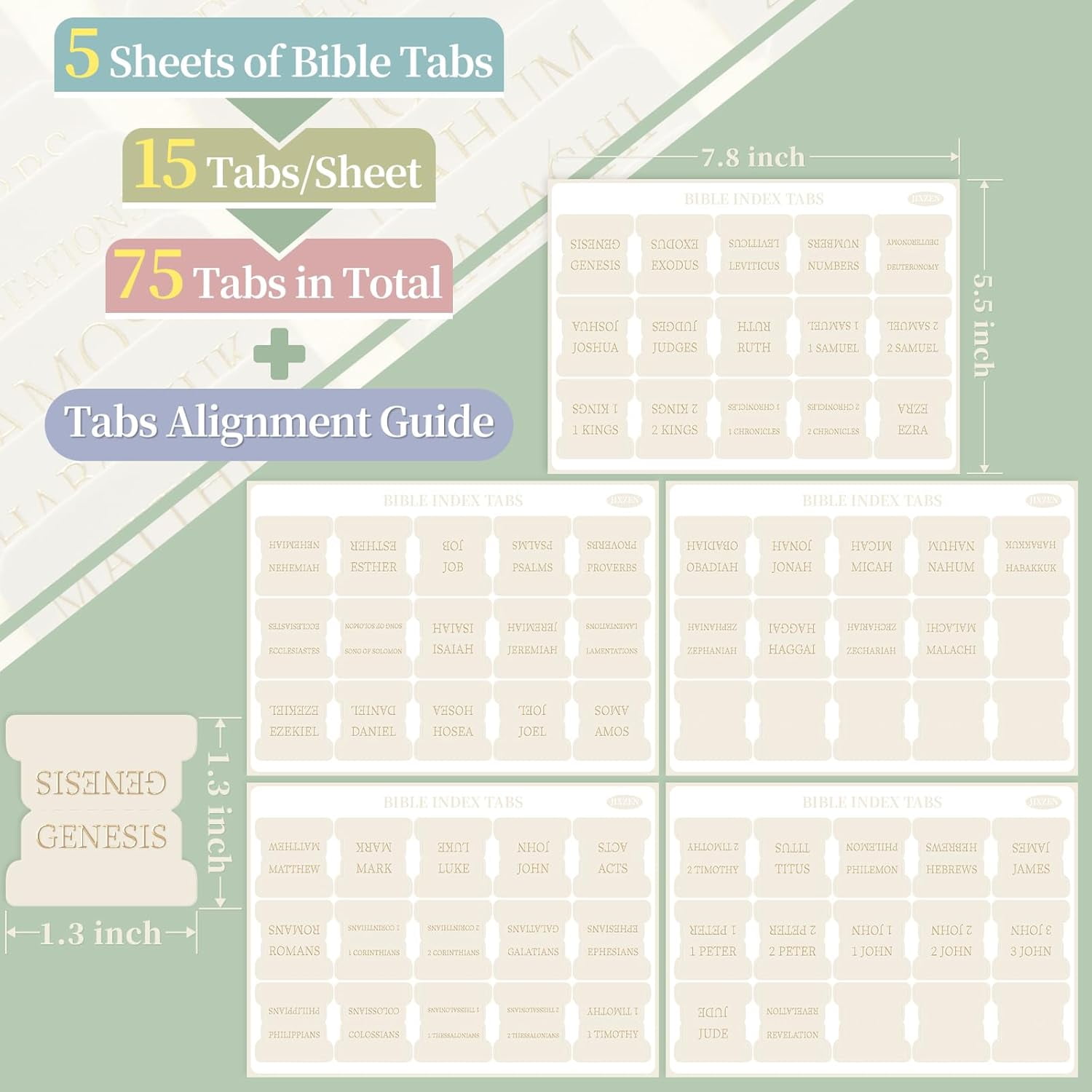Bible Tabs for Women and Men, 75 Laminated Index Tabs with Embossed Gold Foil Lettering, Durable Neutral Bible Study Tabs for Easy Navigation, Bible Journaling Supplies