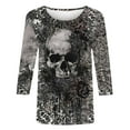 thumbnail image 4 of Uootdi Halloween Skull Distressed Shirts for Women Retro Button Crew Neck Long Sleeve Pullover Tops Fall Washed T-Shirts Multicolor Womens Tops, 4 of 5