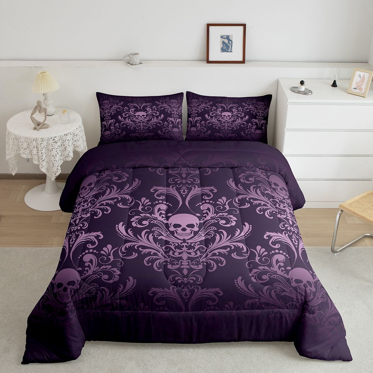 Adults Salmon Violet Damask Bedding Set Antique Victorian Baroque Comforter Set King,Gothic Vintage Floral Quilt Exotic Sugar Skull Duvet Insert,Gothic Bone Skeleton Bohemian Decor,Dark Purple