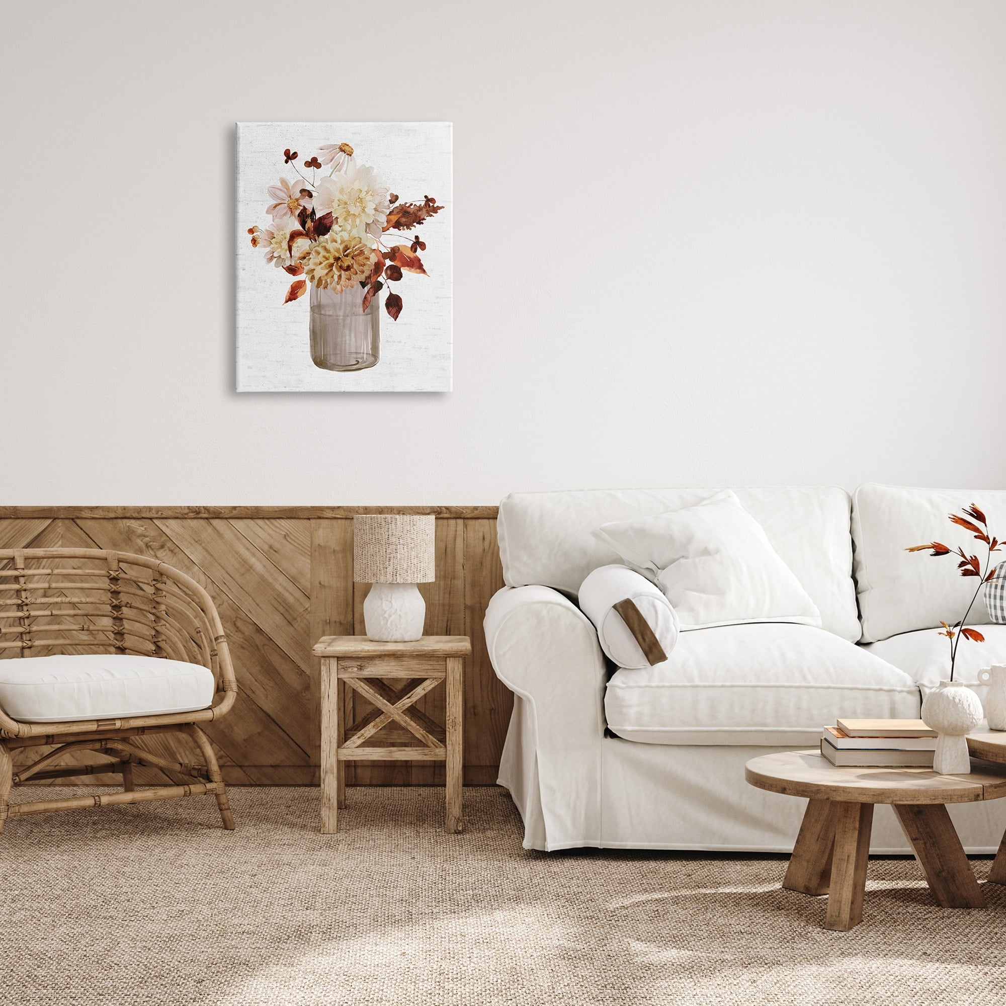 Lovely Autumnal Flower Bouquet Rustic Grain Pattern Botanical & Floral Painting Gallery-Wrapped Canvas Print Wall Art