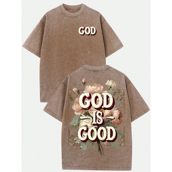 (230g T-Shirt)_God Is Good_ Floral Religious Graphic Tee, Washed Cotton Retro Oversized Crew Neck Top