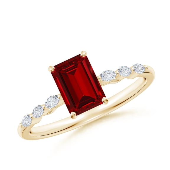 ANGARA Emerald-Cut Lab Grown 1 Ct Ruby Engagement Ring with Marquise Diamonds for Women in 14K Yellow Gold (Size-7x5mm) | July Birthstone, Anniversary, Jewelry Gift for Women | Lab-Grown Ruby Ring