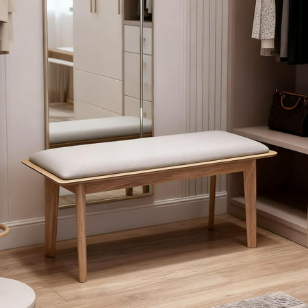 Kmax Entryway Bench, 35" Small Dining Bench with Wood Leg Rustic Upholstered Window Bench for Entrance Dining Room Living Room - Chenille Beige, Natural Legs