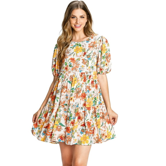 Flying Tomato Free Market Juniors Floral Print Babydoll Dress (Small, Ivory)