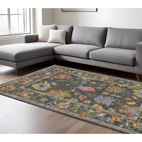 7' X 10' Gray Yellow And Blue Oriental Area Rug With Fringe