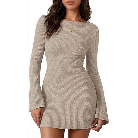 PRETTYGARDEN Womens Fall Bell Long Sleeve Mini Dress Casual Boat Neck Ribbed Bodycon Short Party Cocktail Dresses