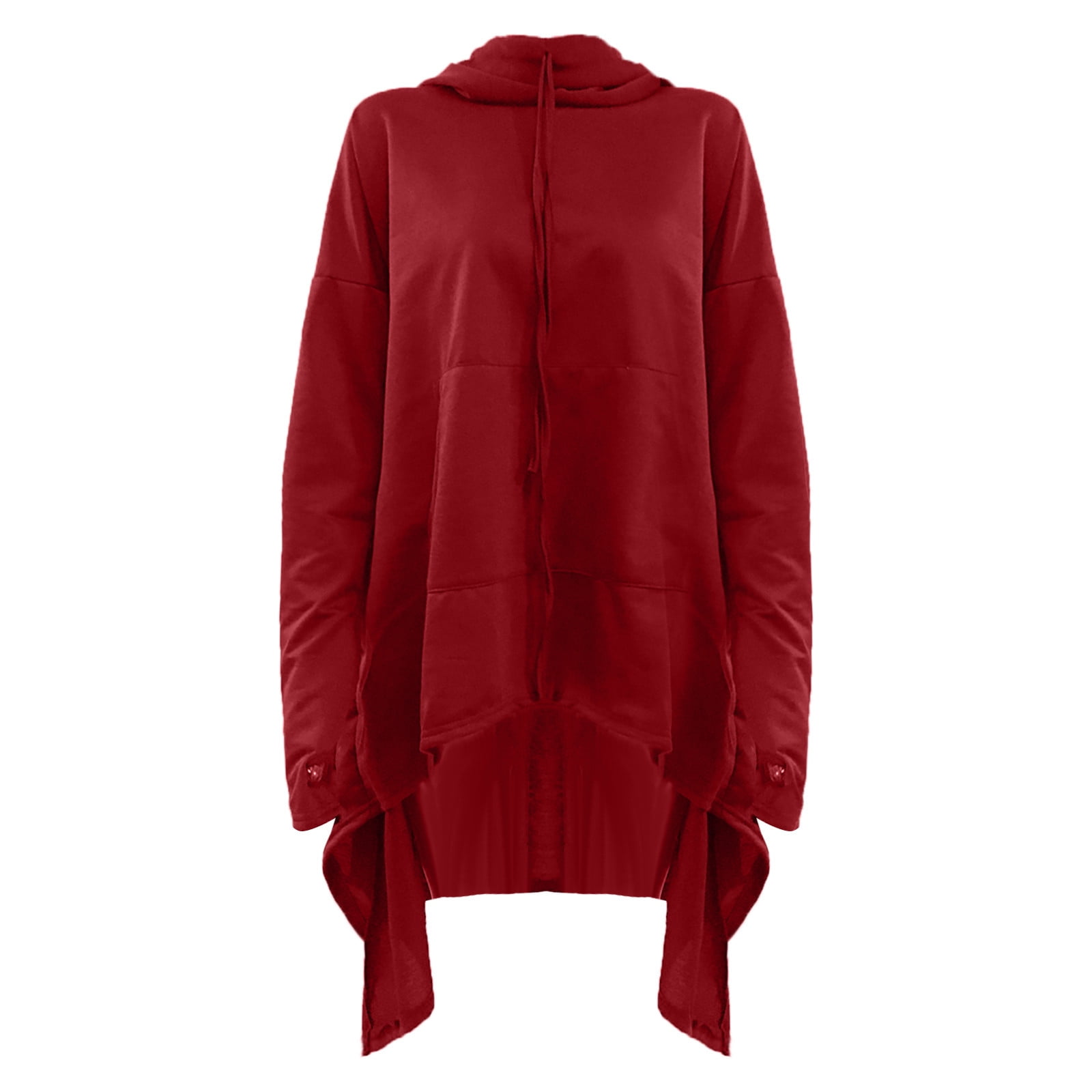 Fartey Womens Asymmetrical Hem Hoodies Casual Irregular Long Sleeve Drawstring Hooded Sweatshirt Long Tunic Pullover Sweatshirts Wine 3XL