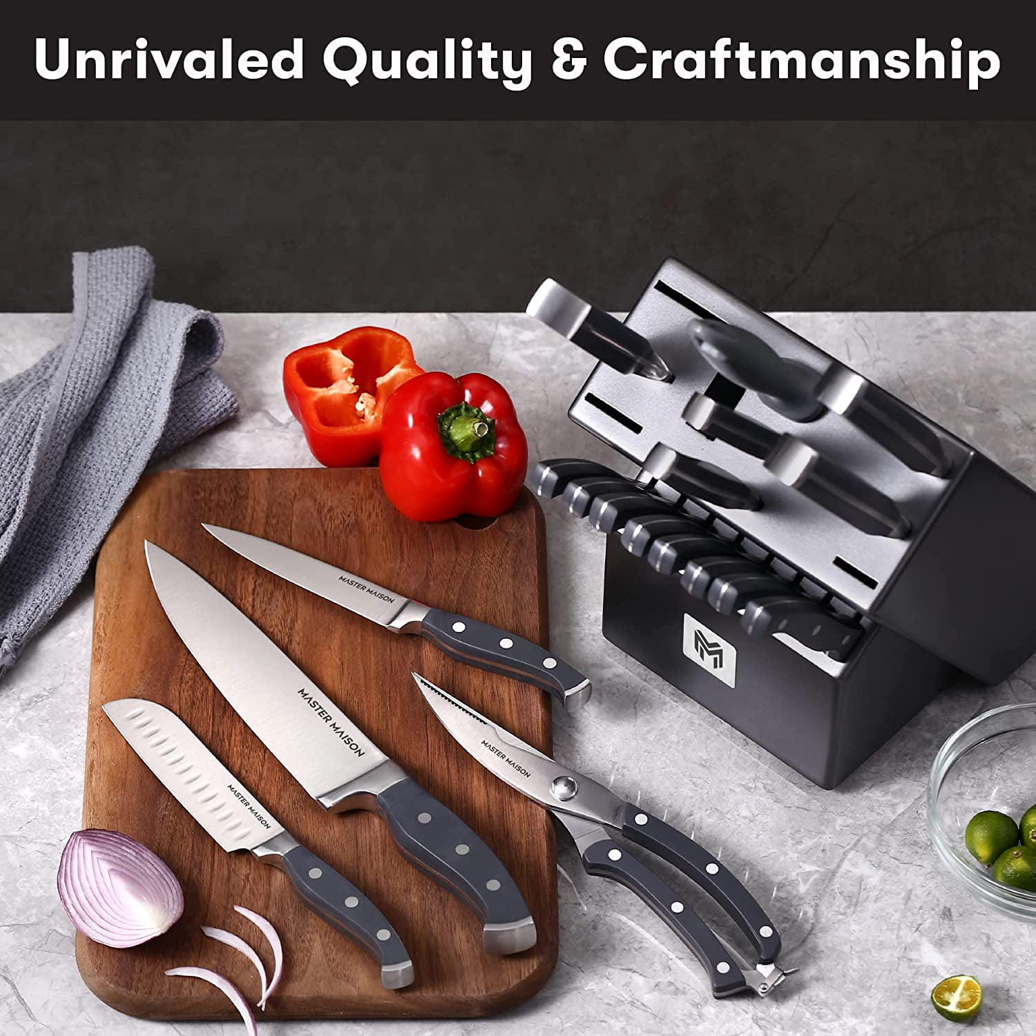  Master Maison Red Kitchen Knife Set With Wood Knife Block &  Bonus Cleaver, German Stainless Steel Knives With Knife Sharpener & 8  Steak Knives
