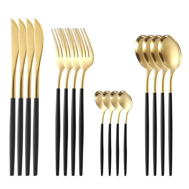 Juego de cubiertos dorado mate de 16 piezas | Cubiertos de acero inoxidable con cuchillos para carne | Servicio para 4 personas | Incluye tenedores, cucharas y cucharillas de postre | Apto para