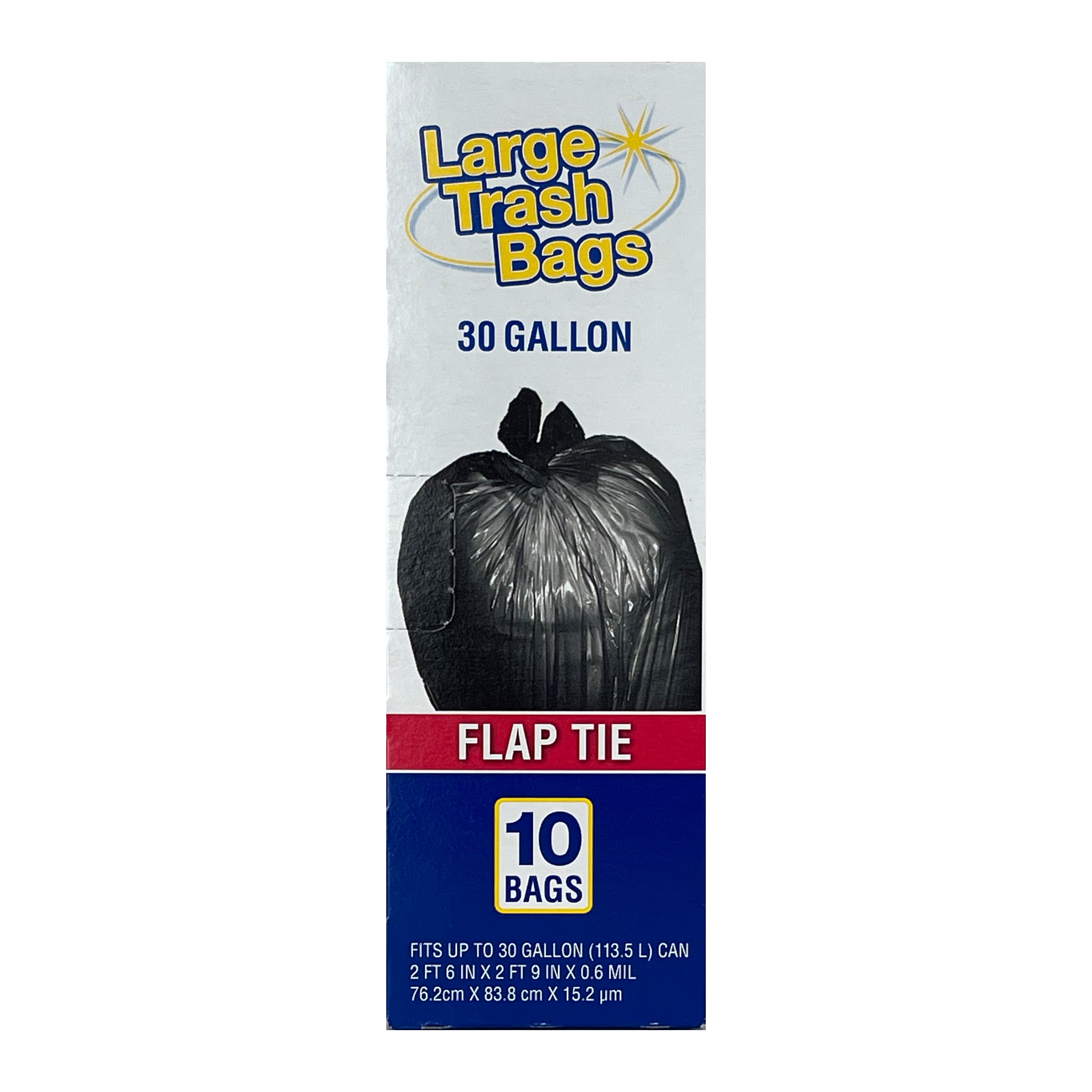 Basic Large Trash Bags, 30 Gallon, 10 Bags (Flap Tie)