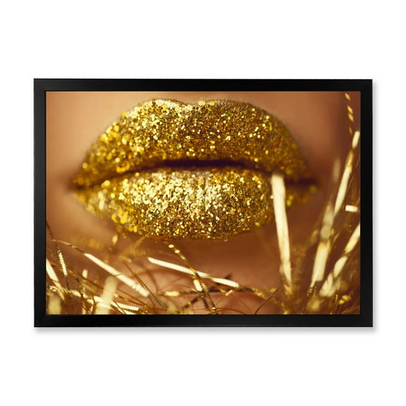 Designart 'Golden Female Lips' Modern Framed Art Print