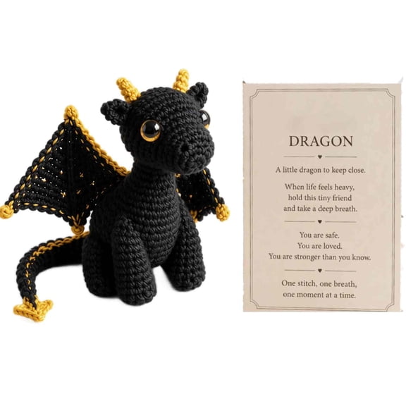Emotional Support Dragon Pocket Buddy, Handmade Knitted Tiny Dragon Plush with Comfort Affirmation Card, Comfort Companion Desk Decor, Stress Relief Gift for Teens Women Men (Black)