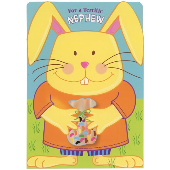 Designer Greetings Large Yellow Bunny Holding Bag of Jelly Beans Tied with Green String Juvenile Easter Card for Nephew