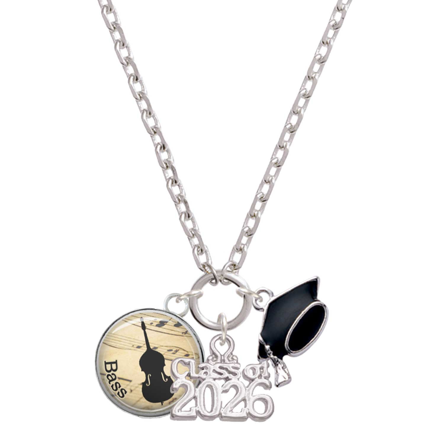 Delight Jewelry Silver-tone Domed Music - Bass - Class of 2026 Graduation Zoey Charm Necklace, 28"