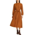 thumbnail image 1 of Vestido Camisero Plisado INSPIRE CHIC para Mujer, de Manga Larga, Cuello Alto, Flowy, Casual, Midi, Talla S, Caramelo, 1 of 6