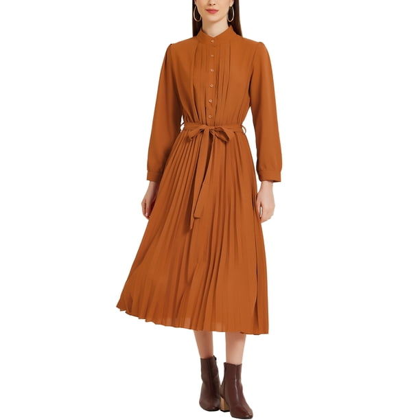 Vestido Camisero Plisado INSPIRE CHIC para Mujer, de Manga Larga, Cuello Alto, Flowy, Casual, Midi, Talla S, Caramelo