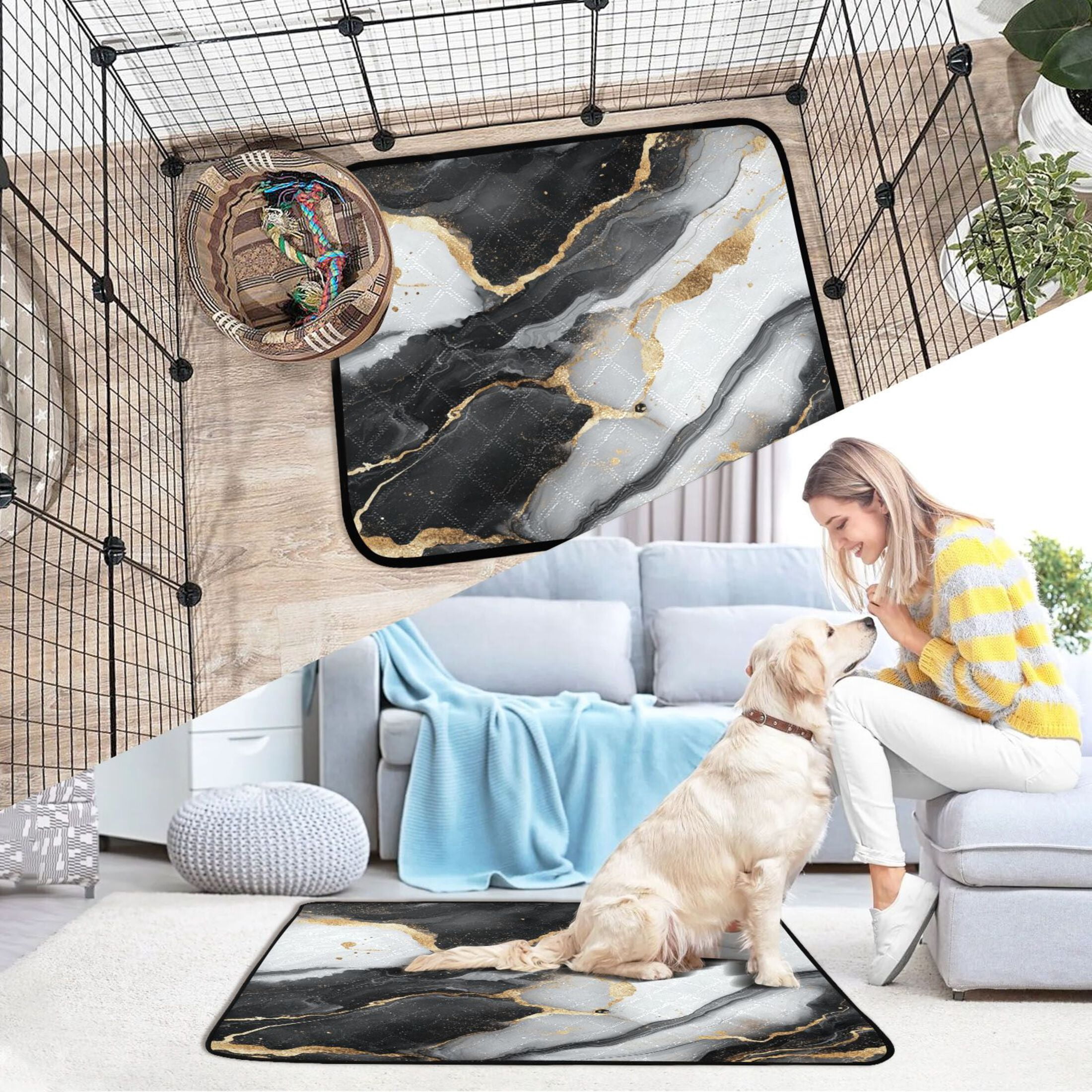 Qxltty Gilt Black Veined Marble Cat litter Pads Pet Set of 3 Diaper Mats Center Anti-leakage Layer Absorbent Soft and Comfortable