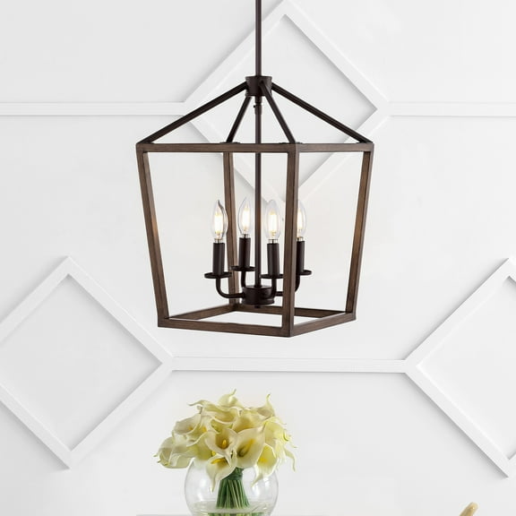 JONATHAN Y Oria 13" 4-Light Iron Farmhouse Industrial Lantern LED Pendant, Oil Rubbed Bronze/Faux Wood