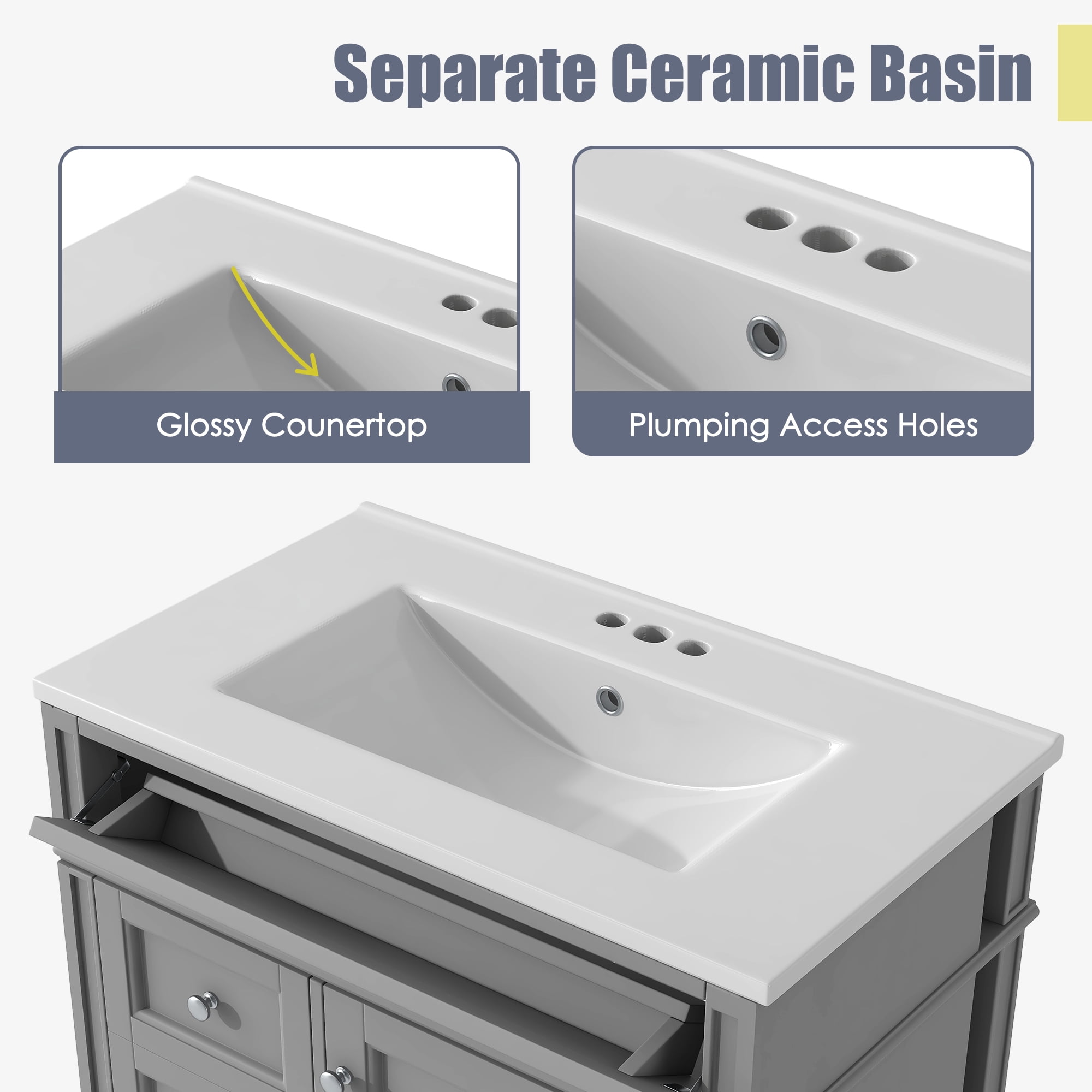 Harper & Bright Designs 30" Bathroom Vanity with Sink, Bathroom Storage Cabinet with Drawers, Single Sink Bathroom Vanity, Grey