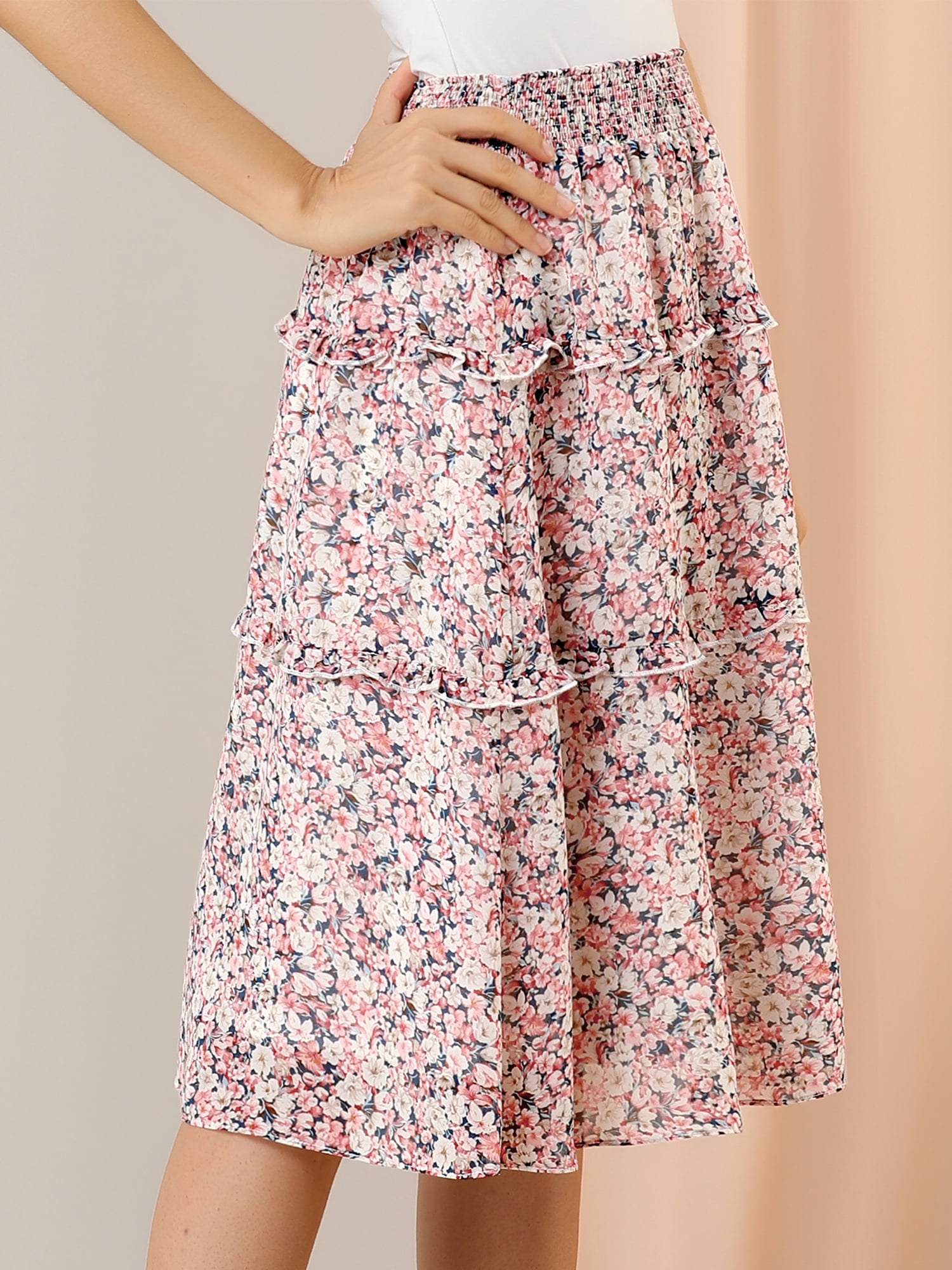 DARING DIVA Women's Floral Chiffon Layer Ruffle Hem Midi Skirt XL Pink