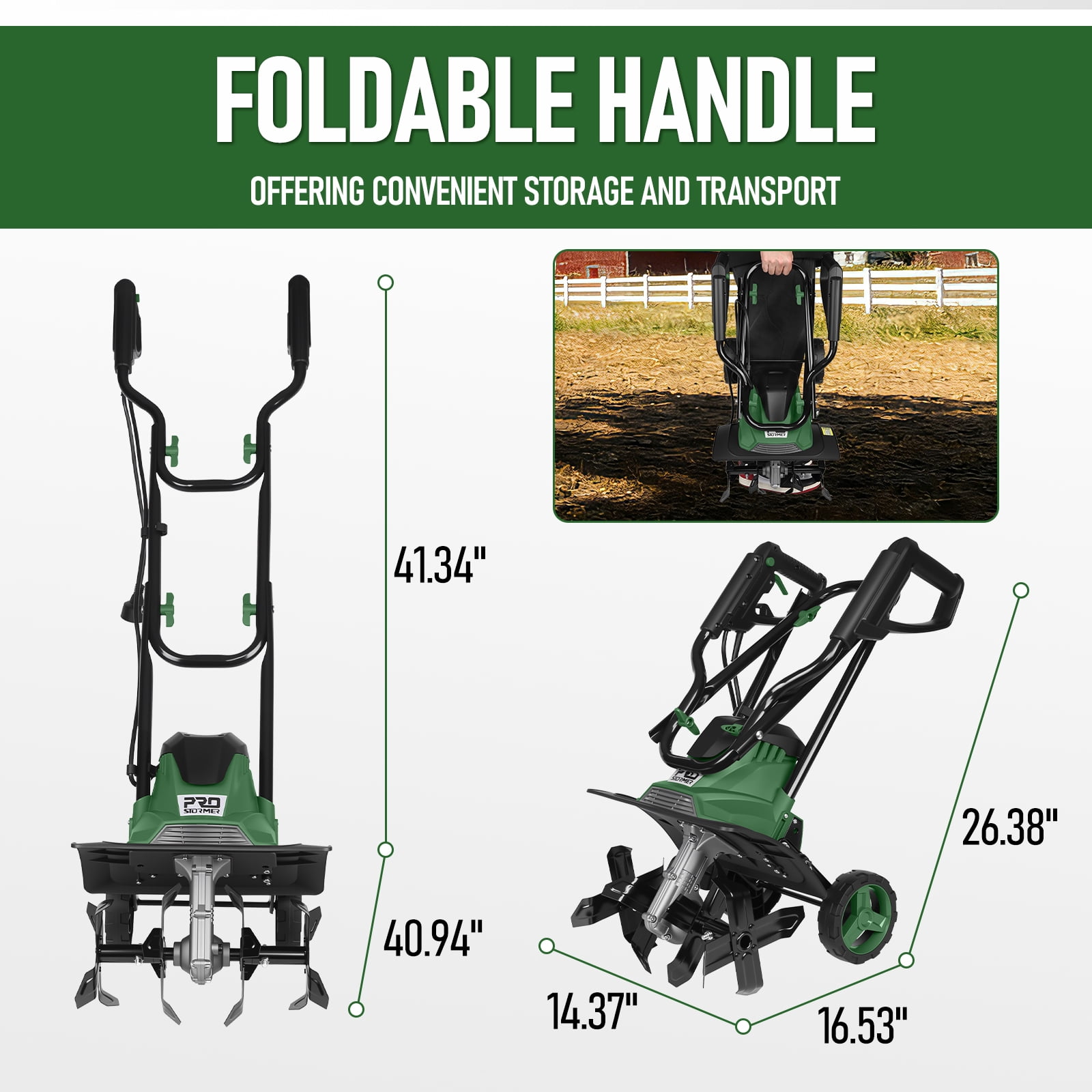 PROSTORMER Electric Tiller, 14 inch 10 A Horticultural Rope Tiller with Foldable Handle, Garden Rotary Tiller with Wheels