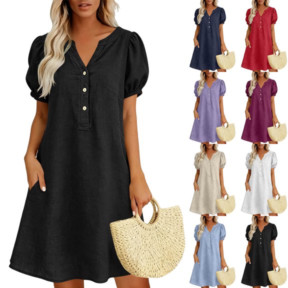 Plus Size Summer Dresses for Women Women Fashion Casual V-Neck Linen Pockets Dress Solid Short Sleeve Dress Black L