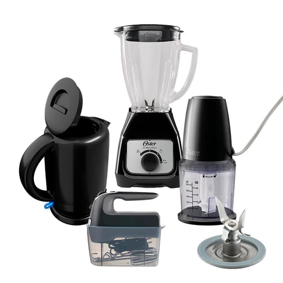 Combo Oster 5 Elementos con Licuadora, Hervidor, Batidora de Mano, Procesador de Alimentos, y Cuchilla Picahielo