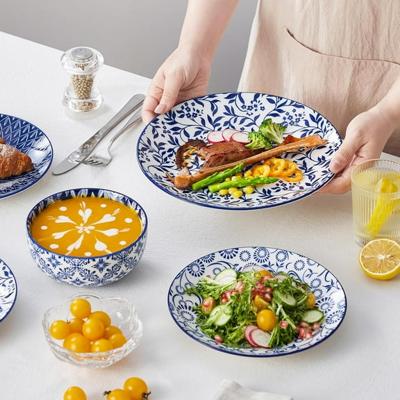 SELENE Plates and Bowls Set for 4, 12 Pieces Dinnerware Sets, Microwave and Dishwasher Safe Dishes Set, Porcelain Blue Dinnerware
