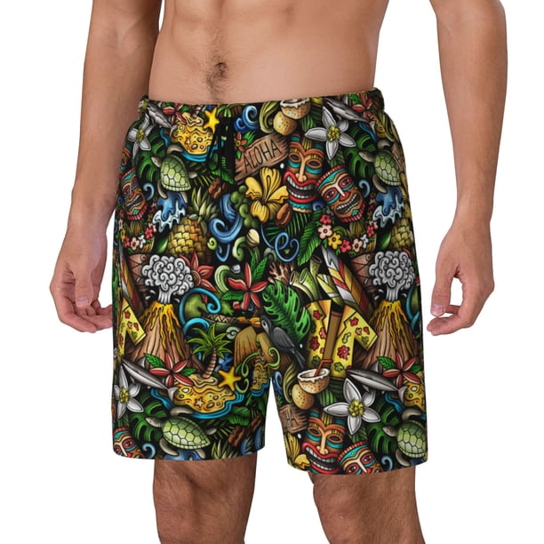 Balery Hawaiian Culture Symbols Bañador para hombre, shorts de playa de secado rápido con entrepierna y forro de compresión-XX-Large