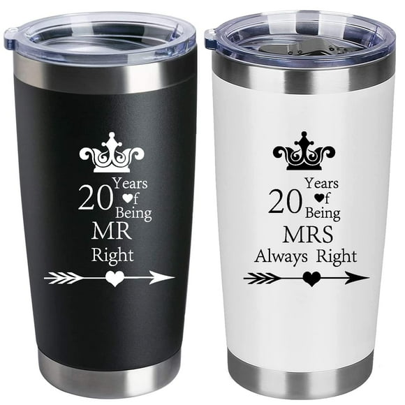 Pack of 2 Wedding Engagement 20th Anniversary Tumblers for Couples Parents Stainless Steel Insulated Car Tumbler Mug 20 Years Mr Right Mrs Always Right Anniversary Cups Presentï&a
